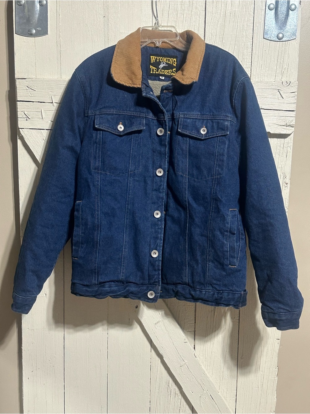 Men's Dark Blue Denim Jacket with Tan Corduroy Collar